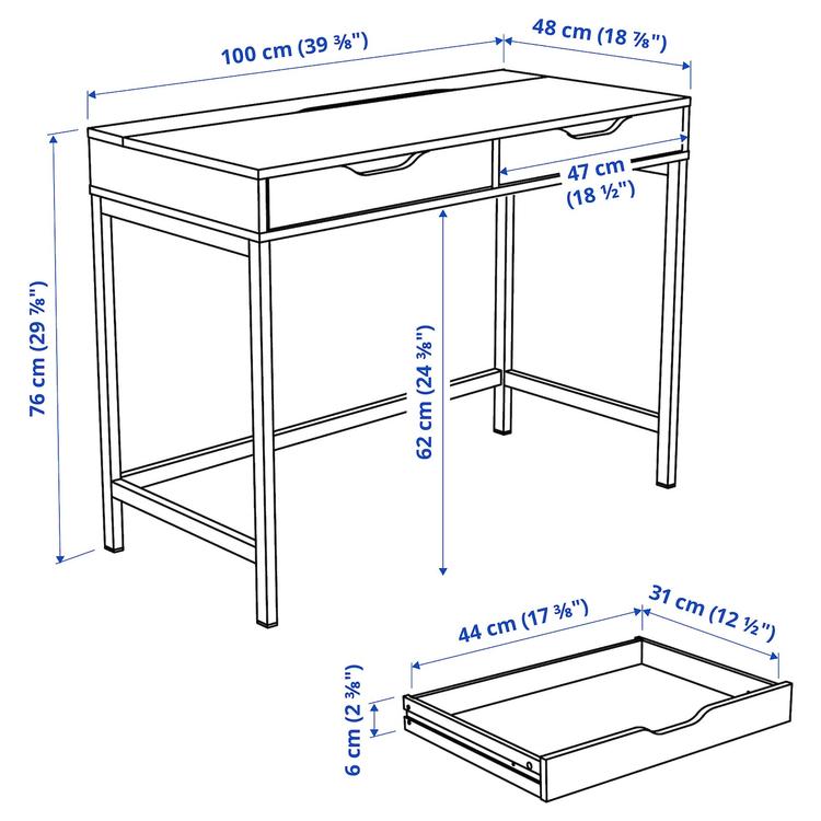 письменный стол, белый, 100x48 см dimensions
