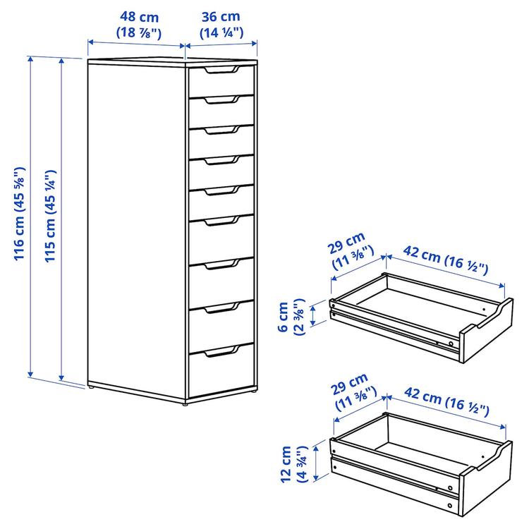 секция с 9 ящиками, белый, 36x116 см dimensions