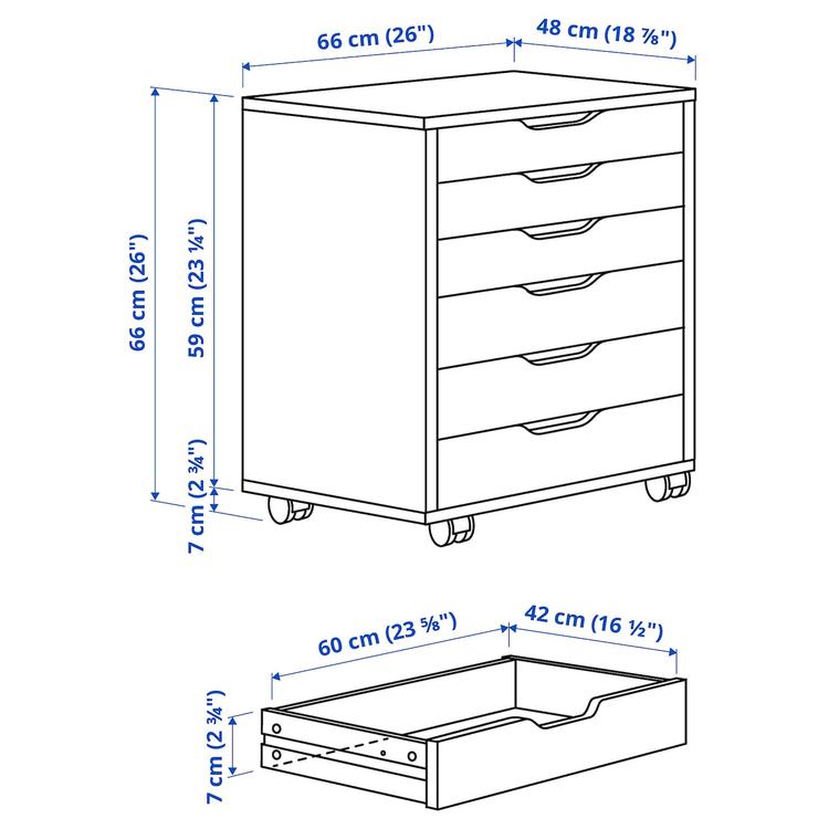 тумба с ящиками на колесах, белый, 67x66 см dimensions
