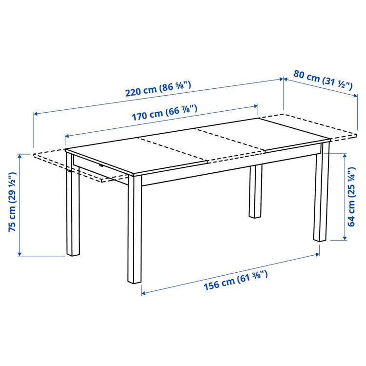 Раздвижной стол, 170/220x80 см dimensions