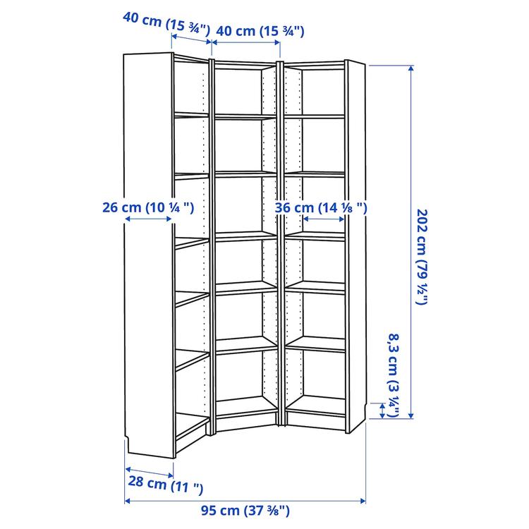 стеллаж угловая комбинация, белый, 95/95x28x202 см dimensions