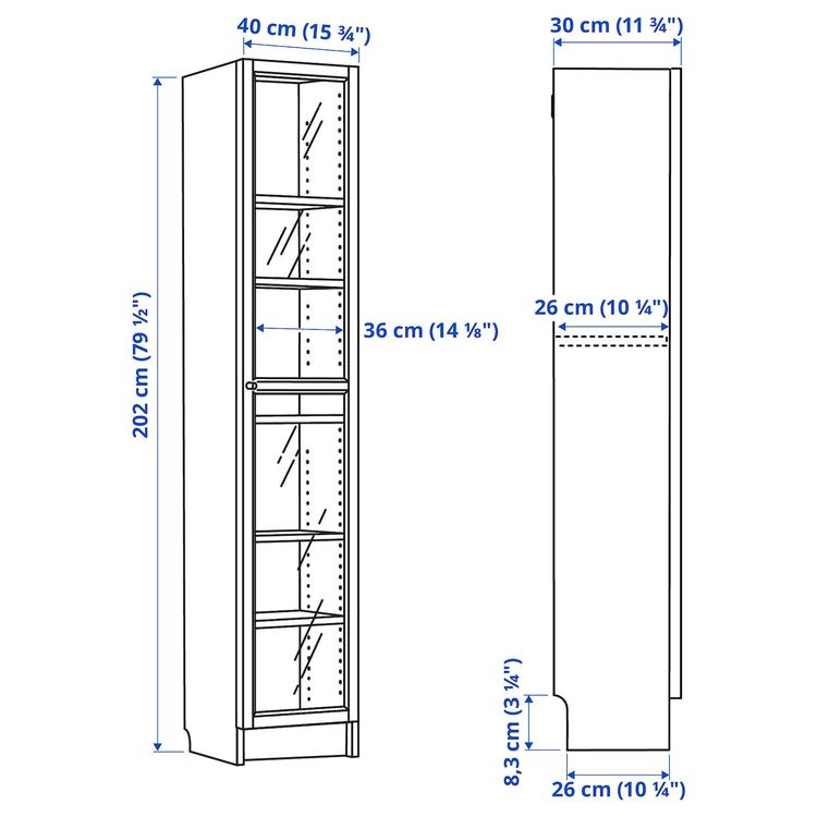 шкаф книжный со стеклянной дверью, 40x30x202 см dimensions