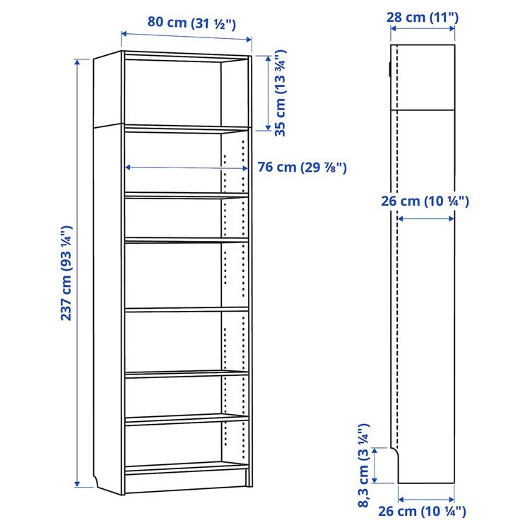 стеллаж с верхней полкой, коричневый под грецкий орех, 80x28x237 см dimensions