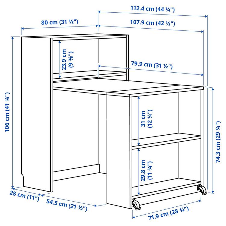 Regał z rozkładanym stołem, 80x33/112x106 см dimensions