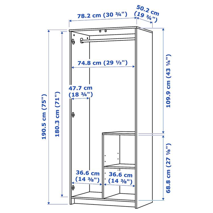 Szafa 2 drzwi, 78x190 см dimensions