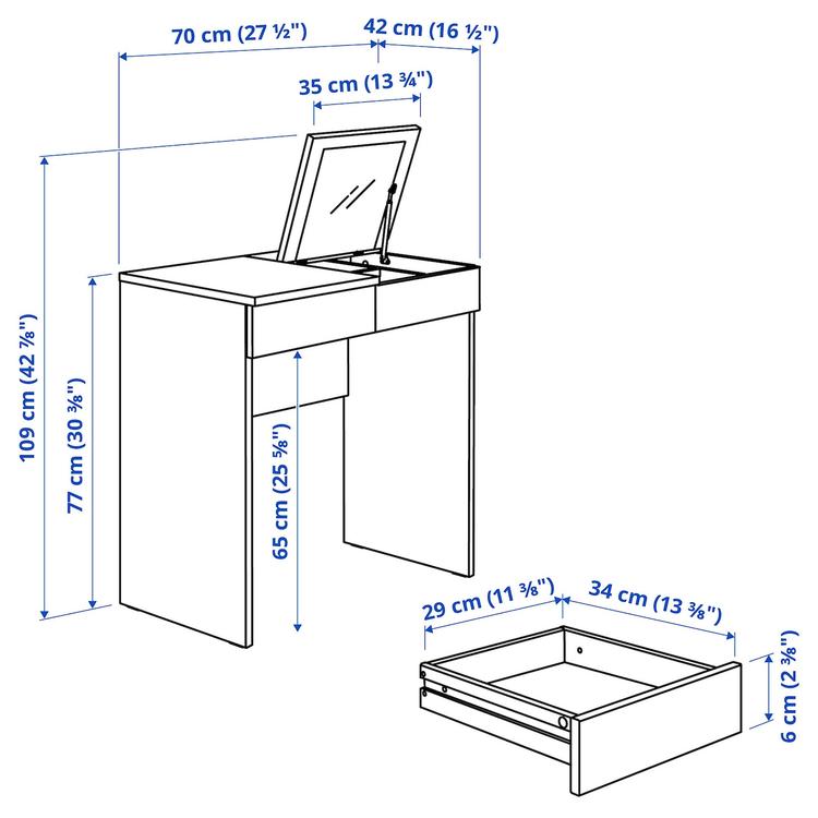 туалетный столик, белый, 70x42 см dimensions