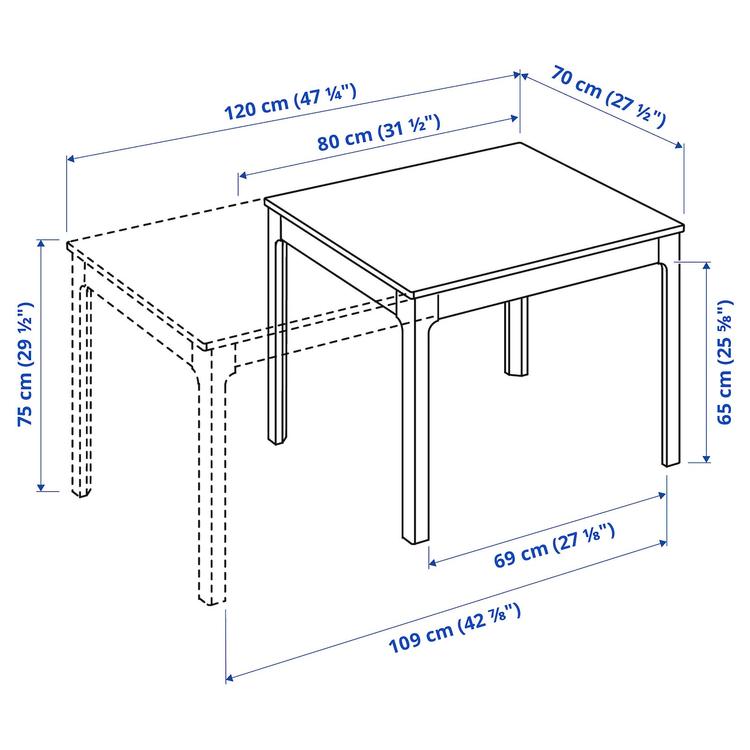 раздвижной стол, белый, 80/120x70 см dimensions