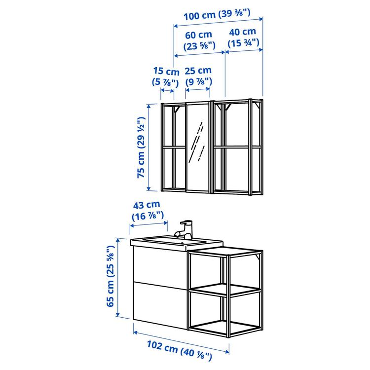ванная, белый/под дуб, 102x43x65 см dimensions