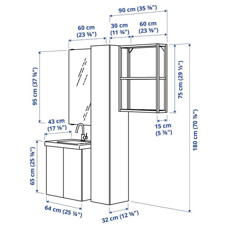 ванная, белый/под дуб, 64x43x65 см dimensions
