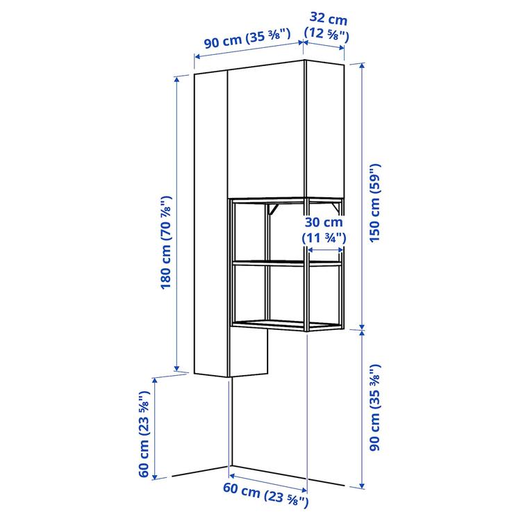 комбинация д/хранения, белый/под дуб, 90x32x180 см dimensions