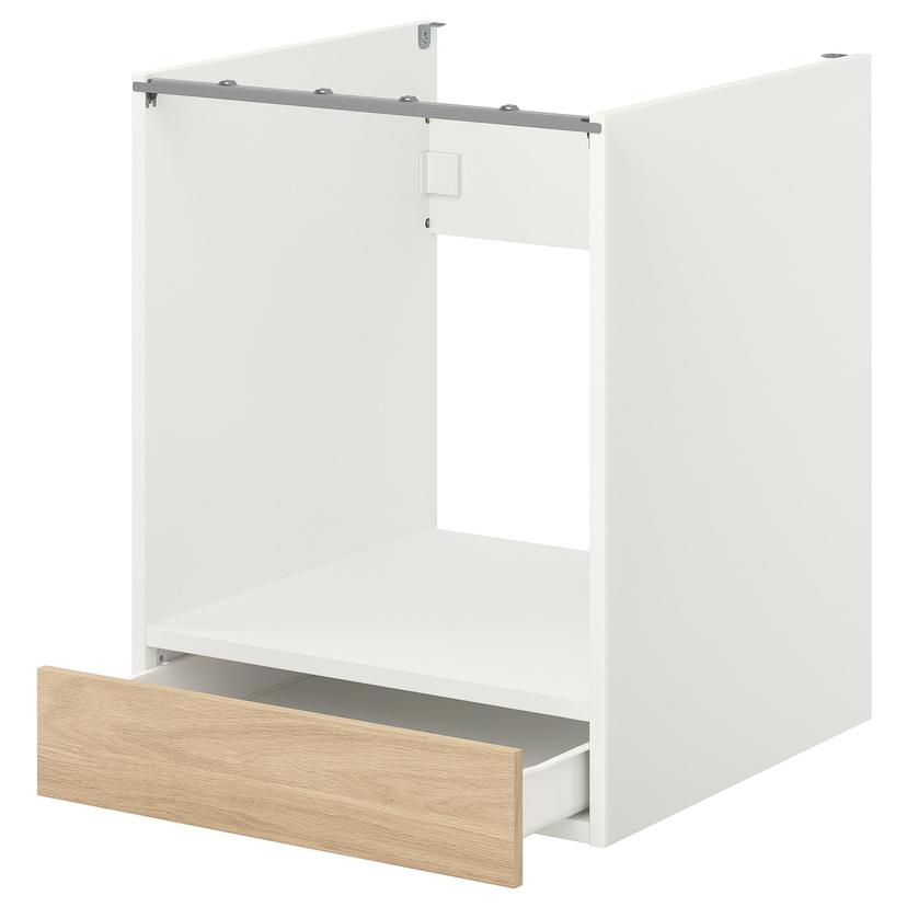 ENHET — напольный шкаф д/духовки, с ящиком, белый/под дуб, 60x62x75 см