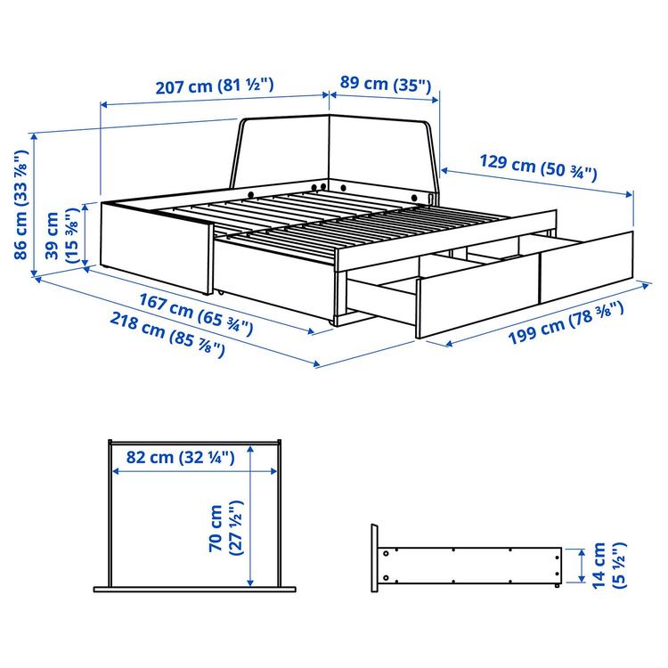 каркас кровати-кушетки с 2 ящиками, белый, 80x200 см dimensions