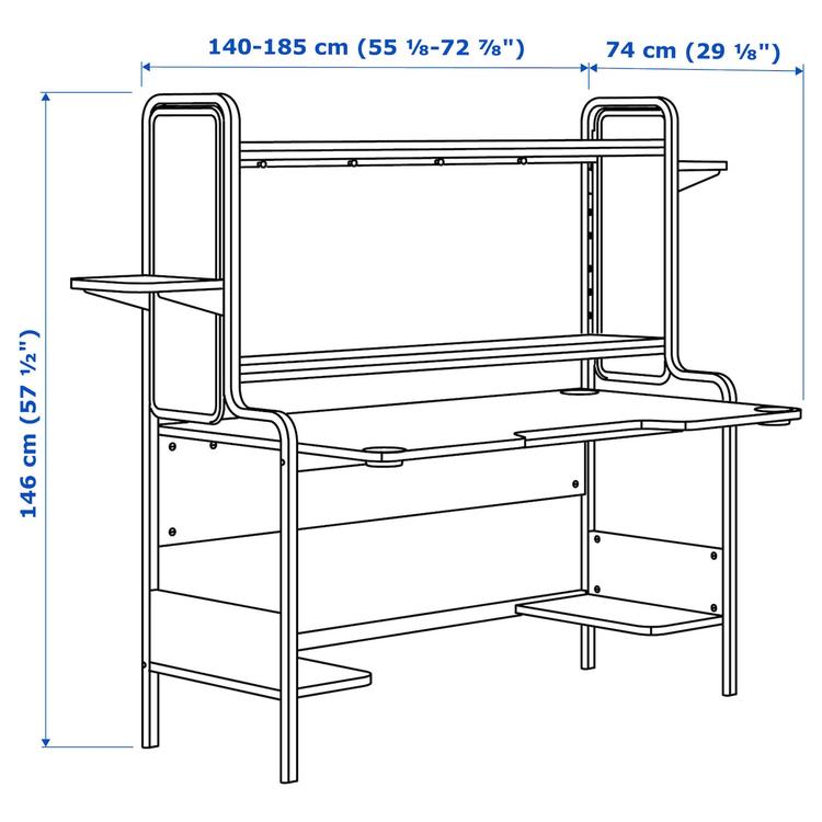 геймерский стол, черный, 140/185x74x146 см dimensions