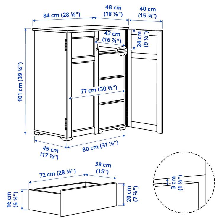 шкаф с ящиками, белый, 84x101 см dimensions