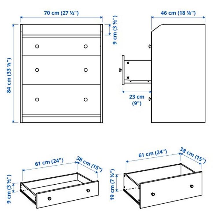 Комод, 3 ящика, 70x46x84 см dimensions