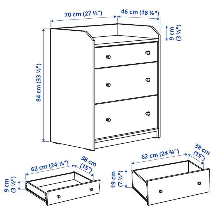 комод с 3 ящиками, серый, 70x84 см dimensions