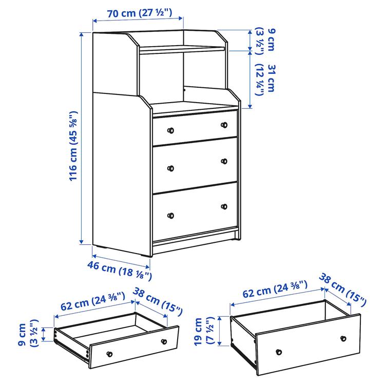 комод с 3 ящиками/полкой, белый, 70x116 см dimensions