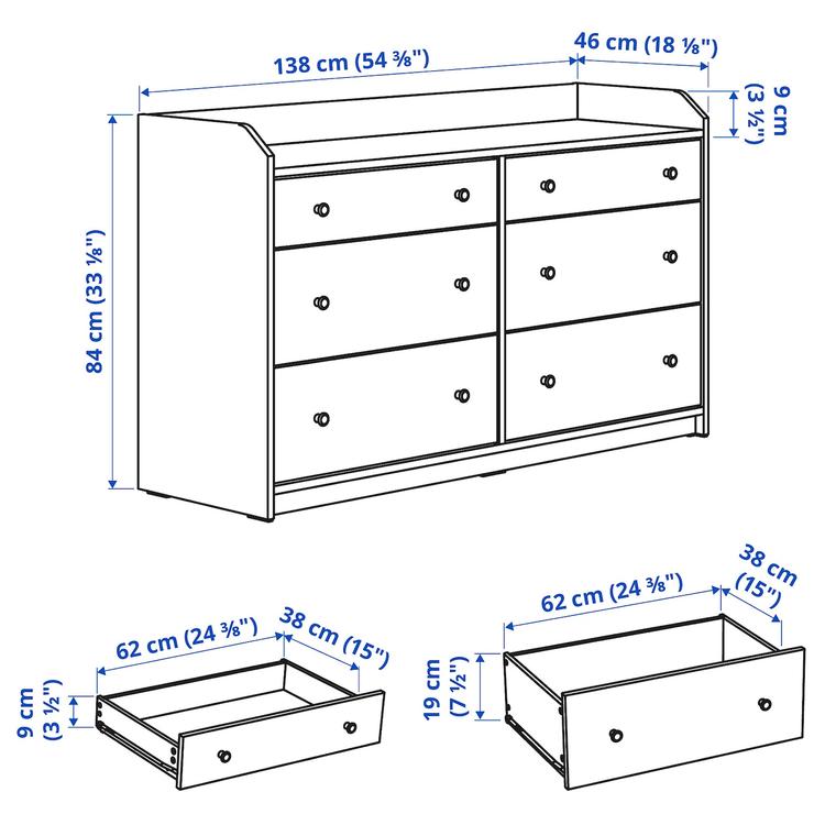 комод с 6 ящиками, белый, 138x84 см dimensions