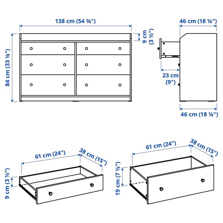 Komoda, 6 szuflad, 138x46x84 см dimensions