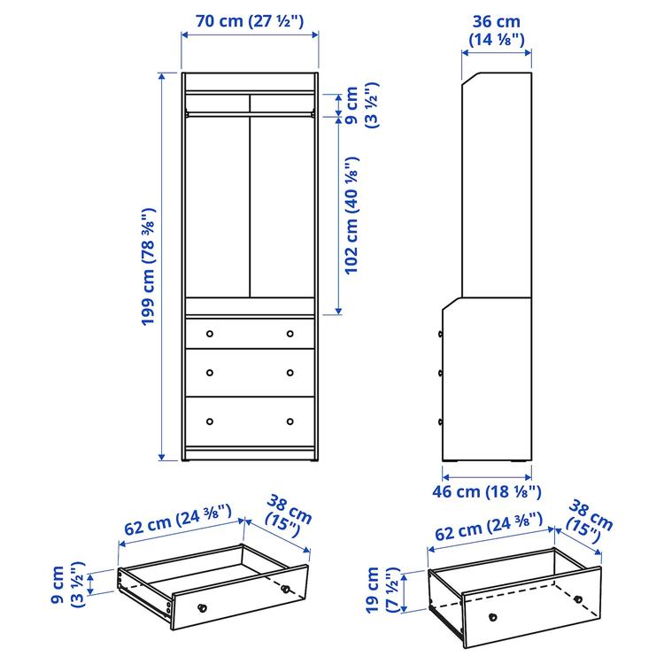 открытый гардероб с 3 ящиками, белый, 70x199 см dimensions