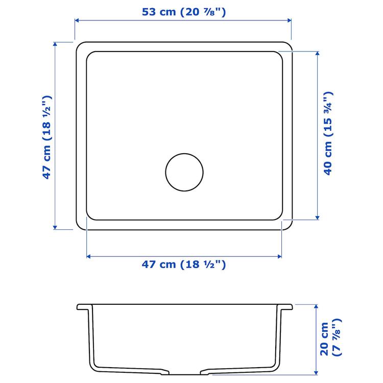 одинарная врезная мойка, белый, 53x47 см dimensions