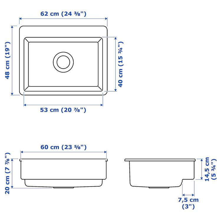 мойка с видимой фронтальной стенкой, белый, 62x48 см dimensions