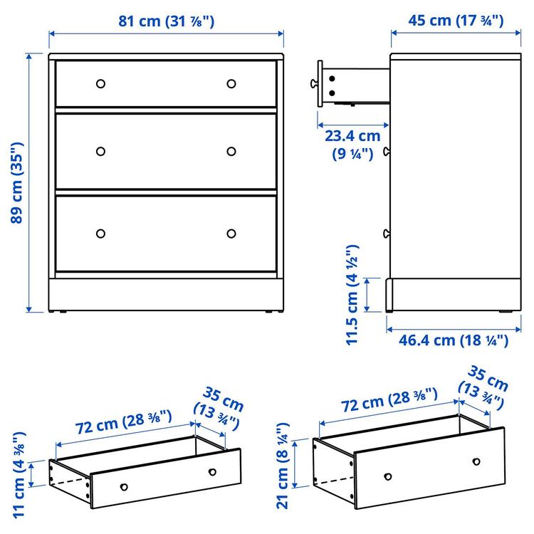 Komoda, 3 szuflady, 81x47x89 см dimensions