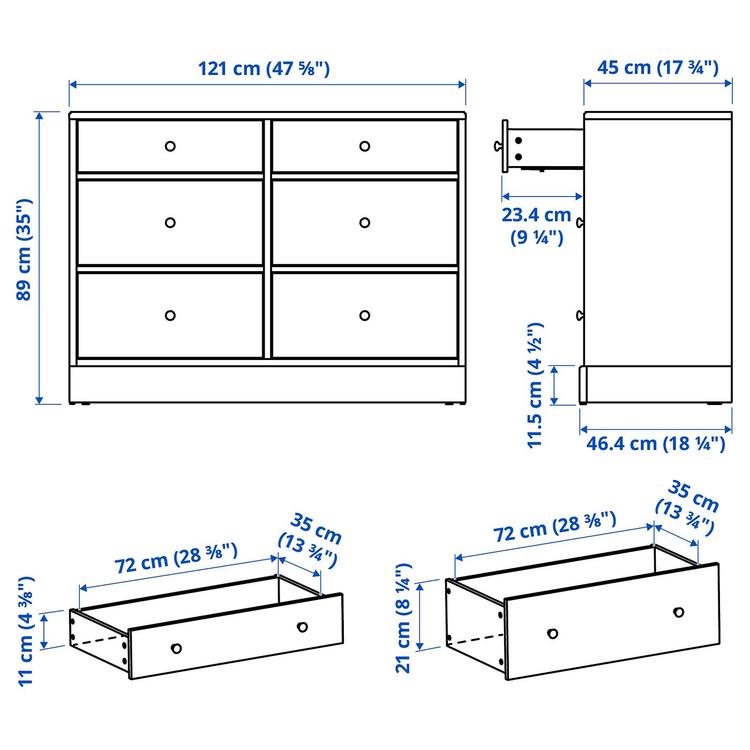 Komoda, 6 szuflad, 121x47x89 см dimensions