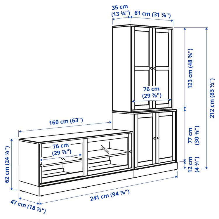 шкаф для ТВ, комбинация, белый, 241x47x212 см dimensions