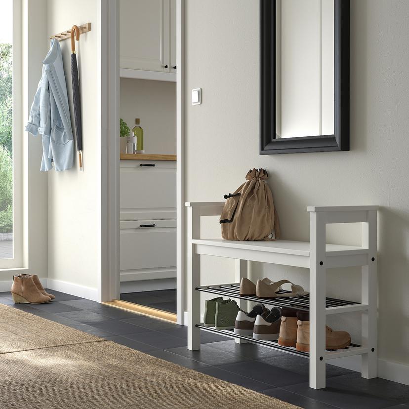HEMNES — скамья с полкой для обуви, белый, 85x32x65 см