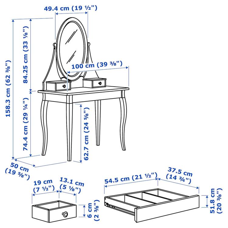 туалетный столик с зркл, белый, 100x50 см dimensions