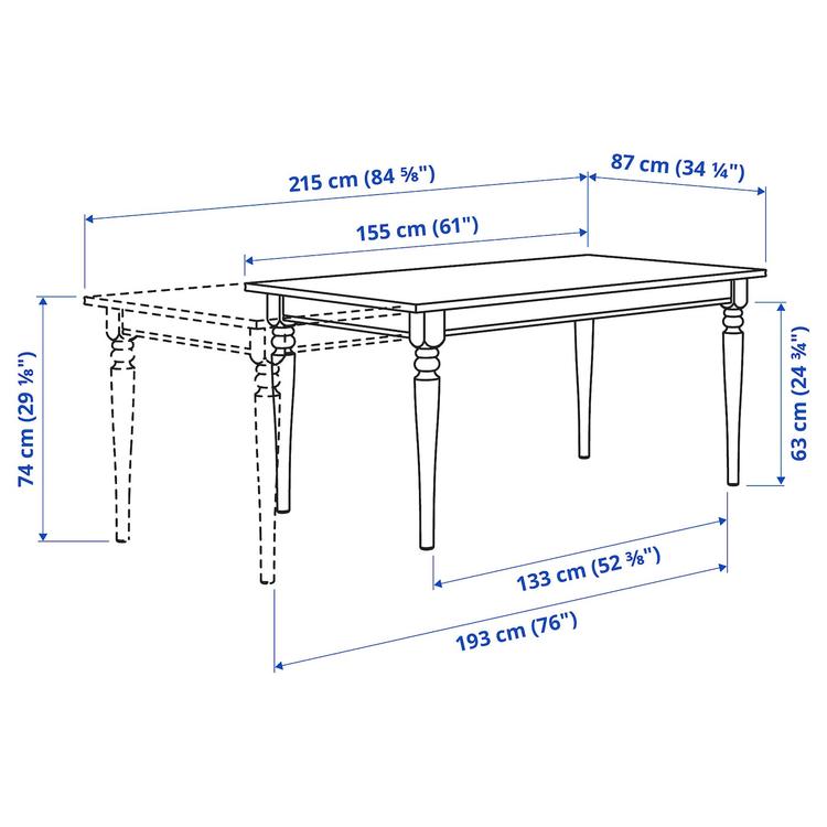 раздвижной стол, черный, 155/215x87 см dimensions