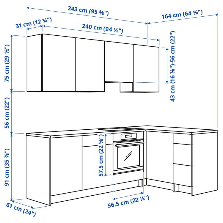 Угловая кухня,  dimensions