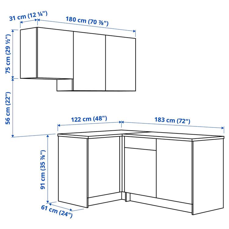 Угловая кухня,  dimensions