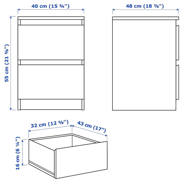 комод с 2 ящиками, белый, 40x55 см dimensions