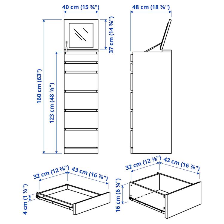 Комод, 6 ящиков, 40x123 см dimensions