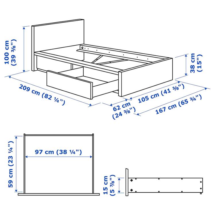 каркас кровати+2 кроватных ящика, белый, 90x200 см dimensions