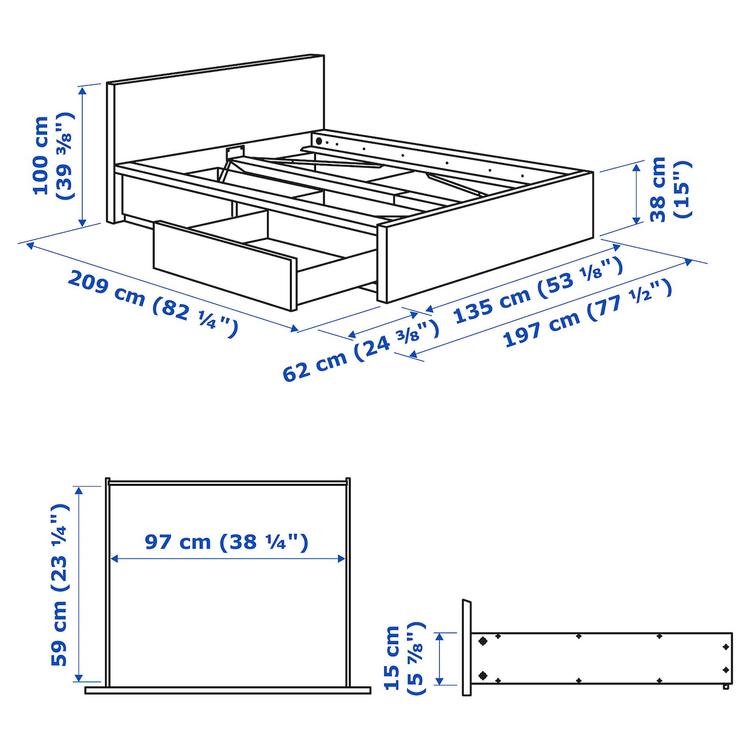 каркас кровати+2 кроватных ящика, белый, 120x200 см dimensions