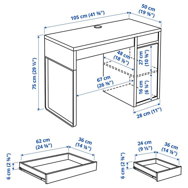 письменный стол, белый, 105x50 см dimensions