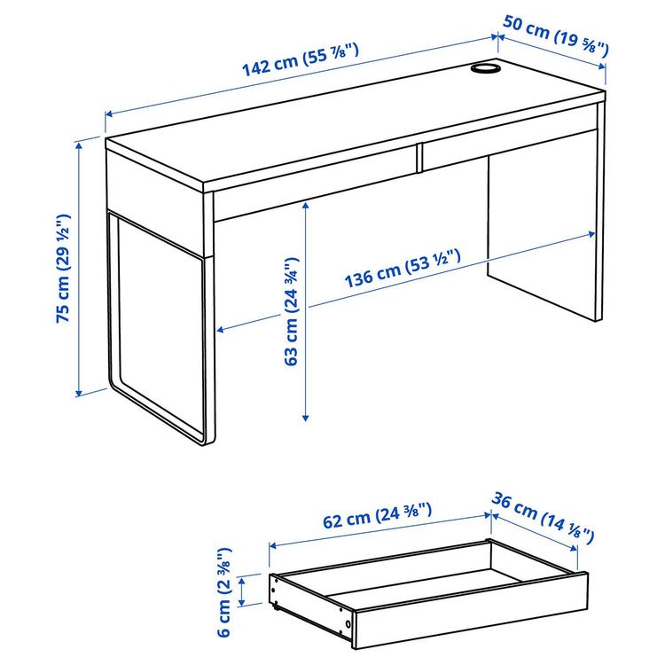 письменный стол, белый, 142x50 см dimensions