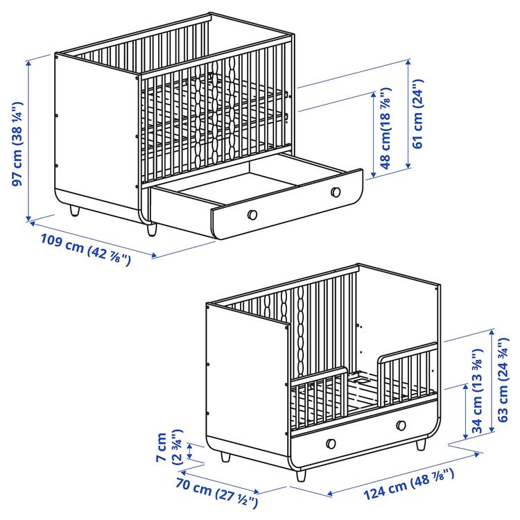 детская кроватка с ящиком, белый, 60x120 см dimensions