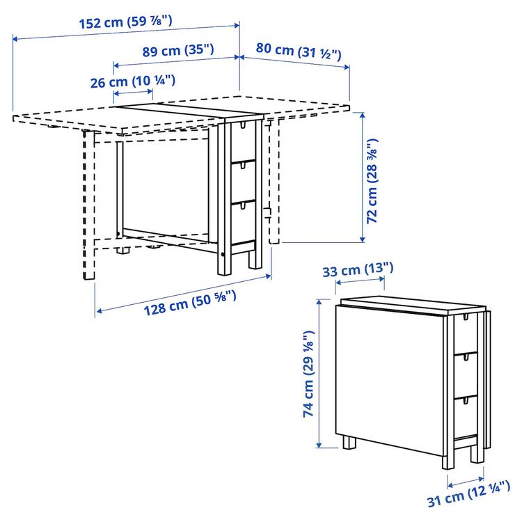 стол складной, береза, 26/89/152x80 см dimensions