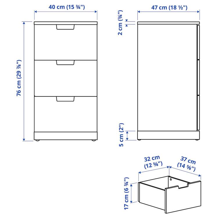 комод с 3 ящиками, белый, 40x76 см dimensions