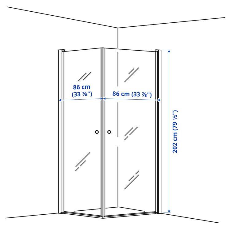 душевой уголок с 2 дверями/поддоном, 86x86x202 см dimensions