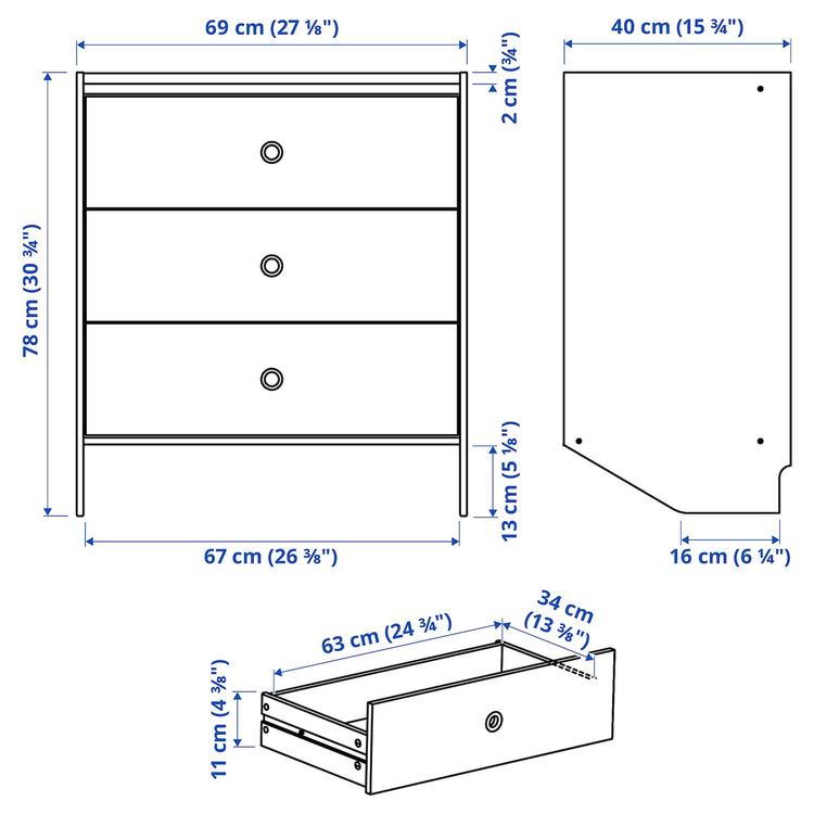 комод с 3 ящиками, белый/настенный, 69x78 см dimensions