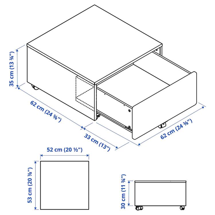 ящик д/хранения на колесиках, белый, 62x62x35 см dimensions