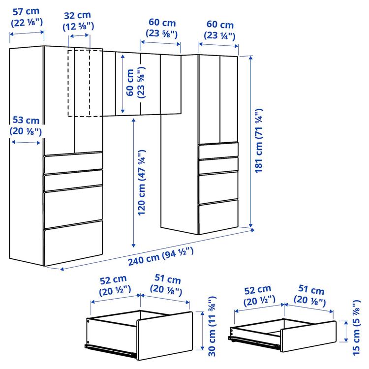 комбинация д/хранения, белый/белый, 240x57x181 см dimensions