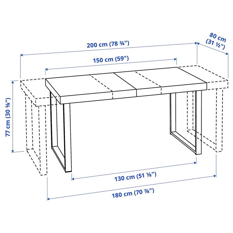 Раздвижной стол, 150/200x80 см dimensions