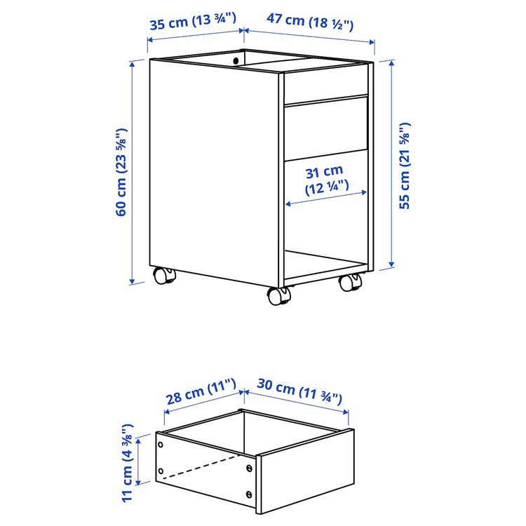 тумба с ящиками на колесах, дубовый шпон, 35x60 см dimensions