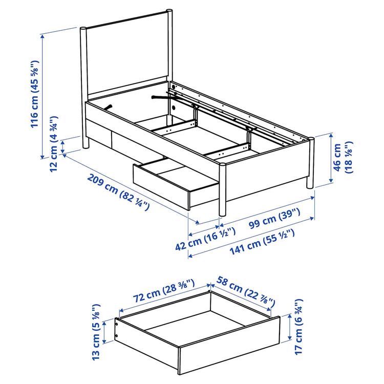 каркас кровати с ящиками, белый с оттенком, 90x200 см dimensions